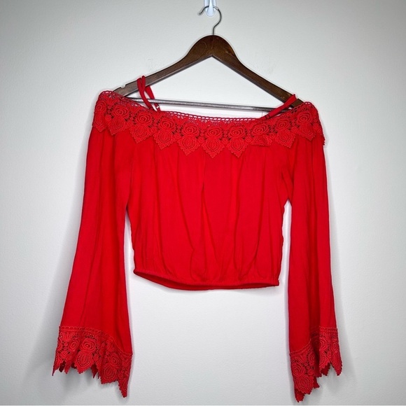H&M Off-the-shoulder Peasant Blouse Viscose Lace Trim Bright Red Medium - Picture 2 of 12